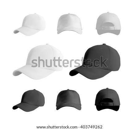 Baseball cap black and white templates, front, side, back views set, vector eps10 illustration isolated on white background