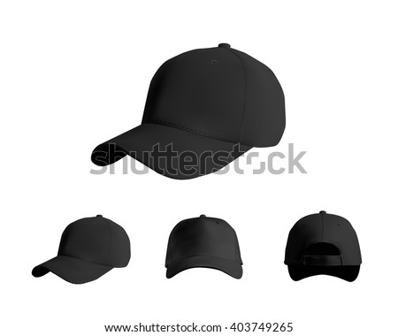 Black baseball cap set, front, side, back views, vector eps10 illustration isolated on white background