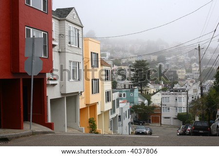 Quiet foggy morning in San Francisco neighborhood next to the Kite Hill Park. California, USA.