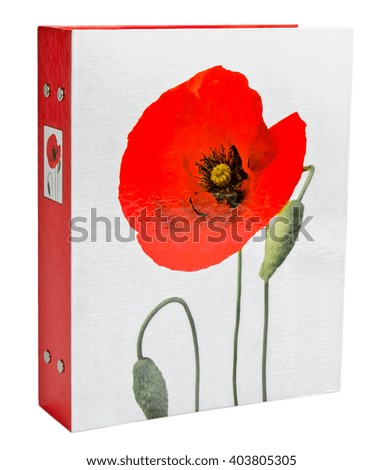 Red photo album with flower on wite backround