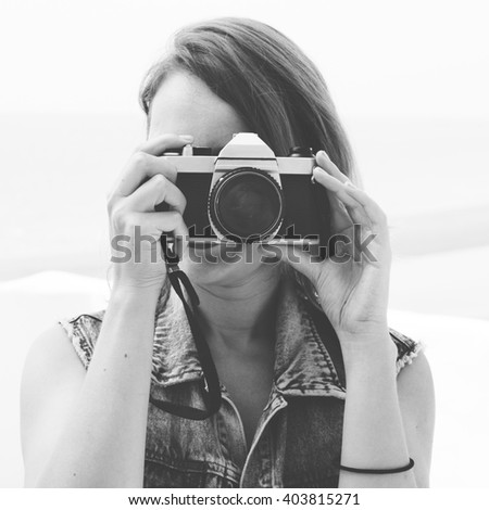 Pretty Photographer Woman Beach Vacation Lifestyle Concept