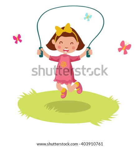 Little cartoon girl skipping rope. Vector illustration.