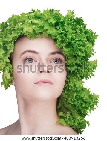 Daring funny girl with   cabbage. Beauty emotion face