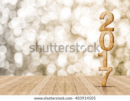 2017 year wood number in perspective room with sparkling bokeh wall and wooden plank floor,leave space for display of product Royalty-Free Stock Photo #403914505