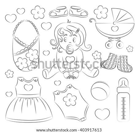 Baby girl design elements  with pram, rattle, pacifier, baby, rompers and other