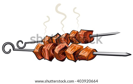 meat kebab grilled, veal, pork, mutton, steaks on skewers, picnic with grilled meal Royalty-Free Stock Photo #403920664