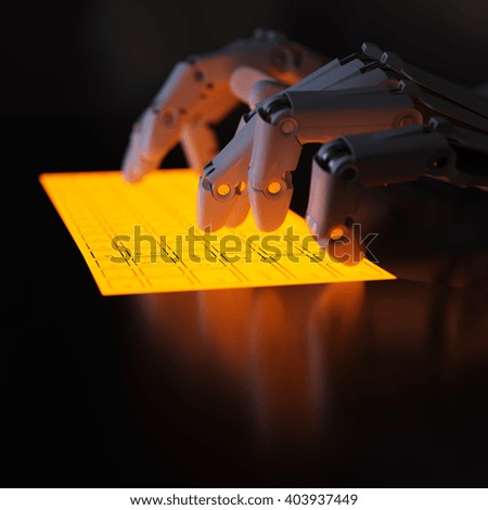 Robot typing on conceptual self-illuminated keyboard 3D illustration