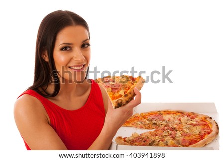 Smiling woman holding delicious pizza in carton box. Tasty fast food meal.