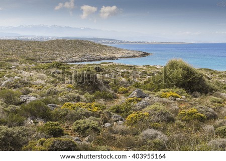 Panoramic view of the sea coast with turquoise water. East coast of Crete island, Greece.