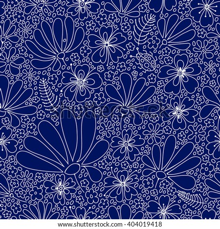 Floral seamless pattern, indigo, graphic, flowers, leaves, stones, beetle, buds, petals, hand drawn, vector.