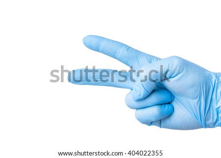 Hand in blue glove isolated on white showing two fingers. Victory sign isolated. Peace symbol hand. Number two hand gesture. Medical protection latex glove.