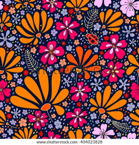 Floral floral pattern. Ornamental pattern of bright natural motifs. Pattern from plants, flowers, herbs and ladybirds, hand drawn, vector.