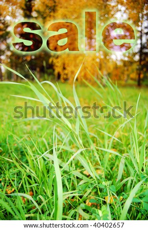 Photo of a beautiful green grass on a meadow with a word "Sale".
