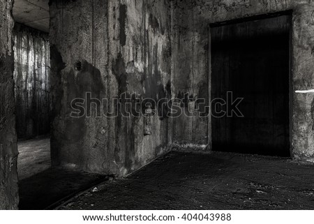 Abandoned building place with two doors, darkness horror and halloween background concept