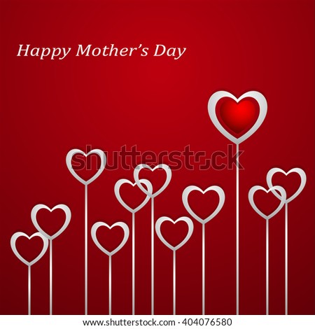 Happy Mothers Day.  Festive Holiday typographical stylish vector illustration with silver rising hearts on a red background with a lettering postcard