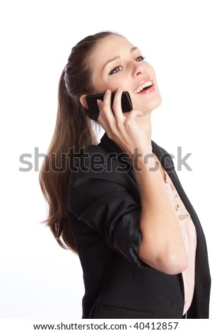 beautiful young laughing woman speaks by the black cellular phone