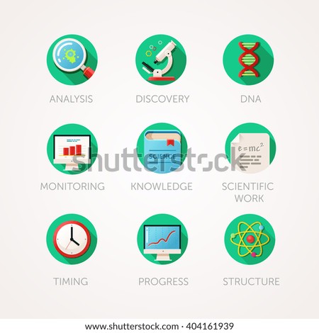 Science icons set. Modern flat colored illustrations. Physics and biology related icons. Vector collection with long shadow in stylish colors. Isolated on the white background.
