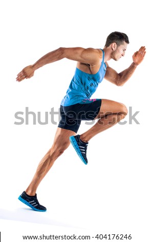 Full length portrait of a fitness man running isolated on a white background Royalty-Free Stock Photo #404176246