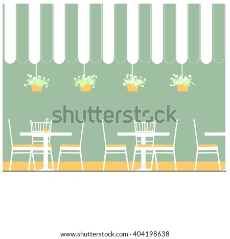 Outdoor cafe with awning and plants. Vector illustration .