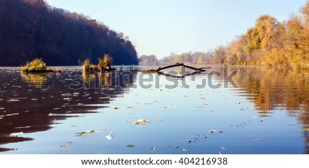 Reflection of autumn forest in the river. Panorama, high resolution.