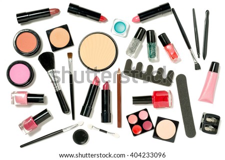 A huge set of beauty cosmetics or make-up laid flat and askewed. Royalty-Free Stock Photo #404233096
