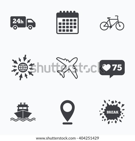 Calendar, like counter and go to web icons. Cargo truck and shipping icons. Shipping and eco bicycle delivery signs. Transport symbols. 24h service. Location pointer.