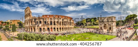 Panoramic aerial view of the Colosseum and Arch of Constantine, Rome, Italy Royalty-Free Stock Photo #404256787