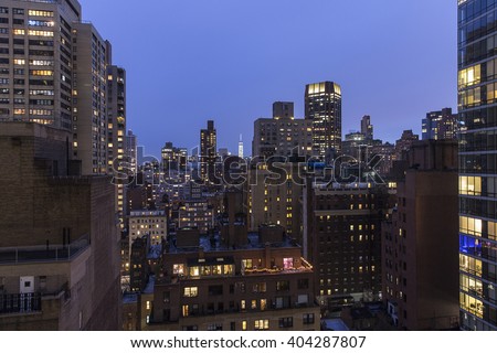 High angle view of New York city buildings at night