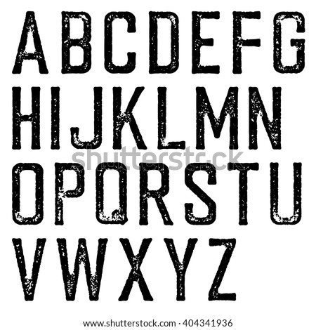 Vintage retro typeface. Stamped alphabet, scratched. Isolated on white