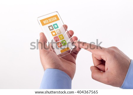 Hand Holding Transparent Smartphone with Web Design screen