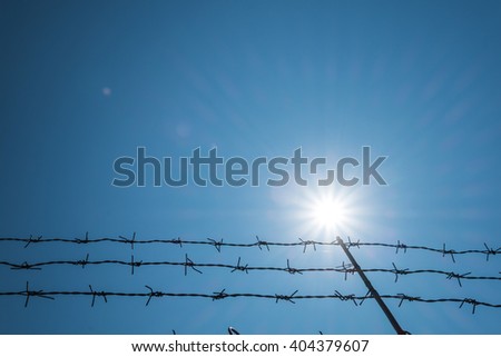 Barbwire against sun flare effects on blue sky