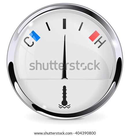 Temperature car gauge with chrome frame. Realistic vector illustration isolated on white background