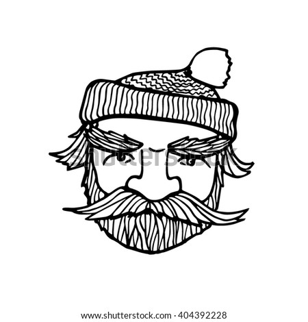 Hand drawn head of bearded man with knitted cap on. Vector illustration of manly north fisherman or lumberjack. Heavy contour, graphic style.