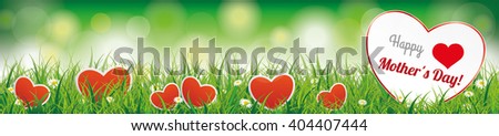 Green header with grass, hearts and bokeh background. Eps 10 vector file.