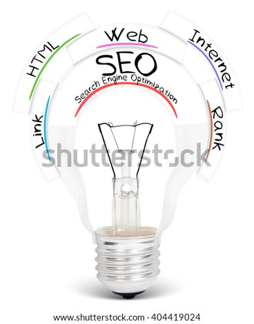 Photo of light bulb with SEO conceptual words isolated on white