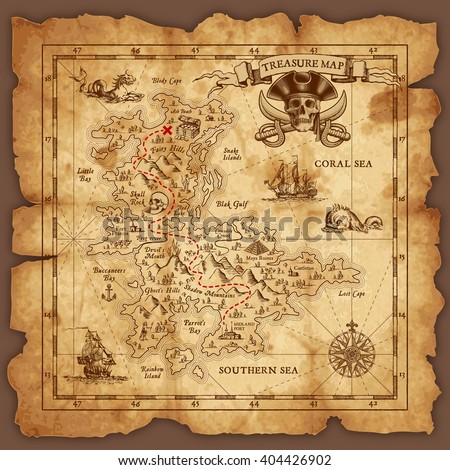 Vector super detailed Pirate Treasure map on a ruined old Parchment. All elements are organized with layers. Royalty-Free Stock Photo #404426902