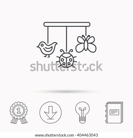 Baby toys icon. Butterfly, ladybug and bird sign. Entertainment for newborn symbol. Download arrow, lamp, learn book and award medal icons.