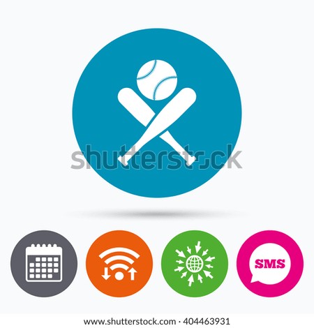 Wifi, Sms and calendar icons. Baseball bats and ball sign icon. Sport hit equipment symbol. Go to web globe.