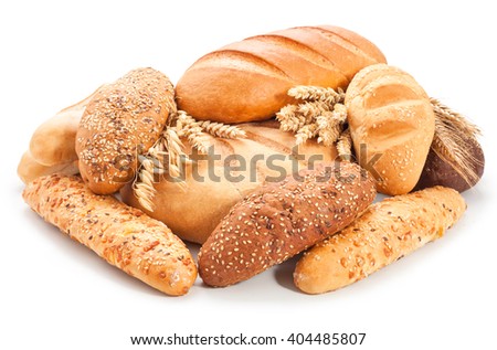assorted breads isolated on a white background. Royalty-Free Stock Photo #404485807