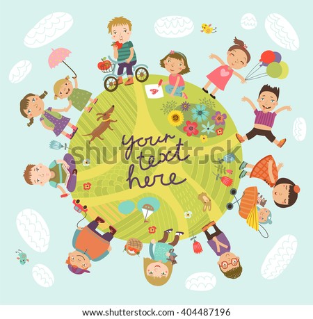 Planet of children. Vector illustration with cute kids