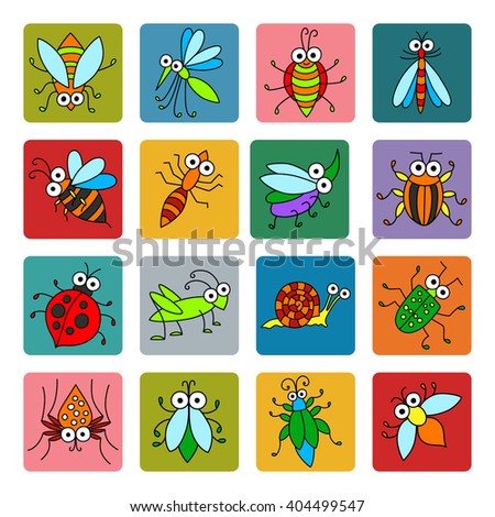 Set of vector funny insects icons. Cartoon characters on colored square basis for you design. Childish illustration. Cute stickers.