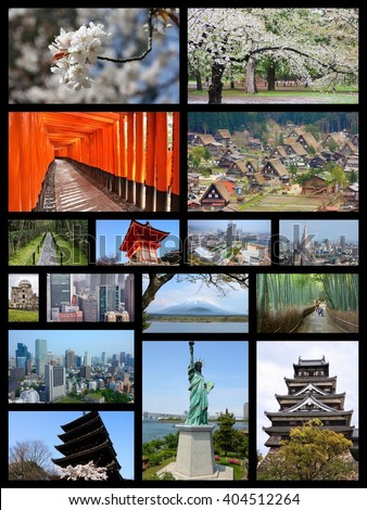 Japan travel photo collage. It includes major landmarks like Tokyo, Kyoto, Osaka, Hiroshima, Kobe and Hirosaki.