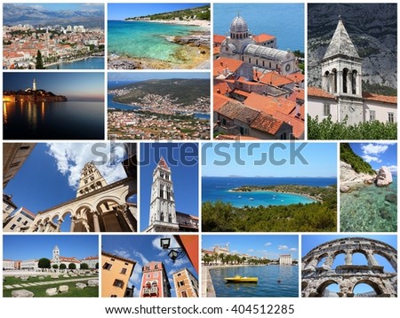 Croatia travel photo set - collage with Dalmatia coasts, Split, Trogir, Makarska, Pula, Rovinj, Sibenik and Zadar.