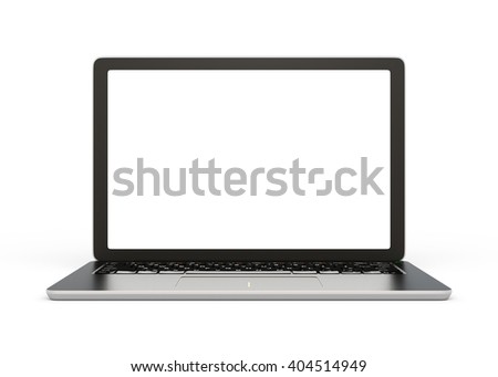 Front view of laptop computer with blank screen. 3D rendering image with clipping path.