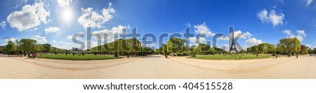 Beautiful 360 degree panorama in spring with a blue sky of the Eiffel tower in Paris, France Royalty-Free Stock Photo #404515528