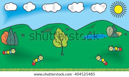 Vector cartoon illustration of beautiful green meadows and woods. Save tree concept.
