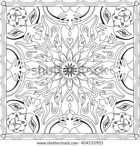 Coloring Page Illustration in Square Format for Adults, Mandala Flower Design