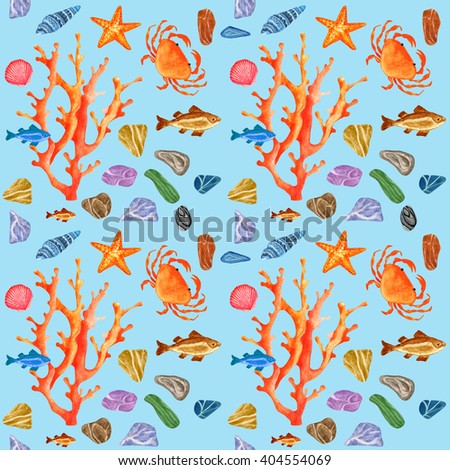 Watercolor seamless pattern with sea shells, coral, fishes, starfish, crab, stones on blue background. Underwater, sea life. Hand painting on paper