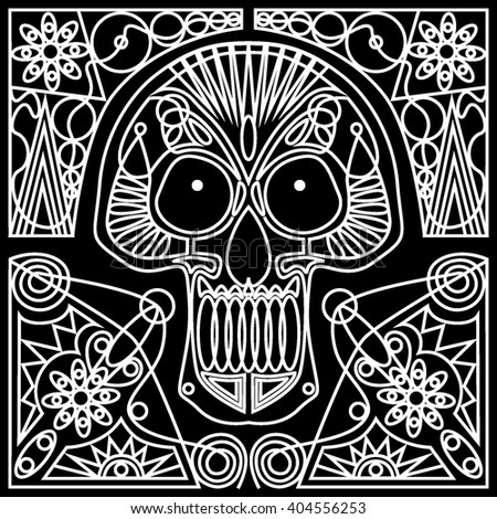 Illustration of a skull tattoo. Florid ornament . Black and white background . Isolated skull. Icon .To print in a hipster style . line art . flat 