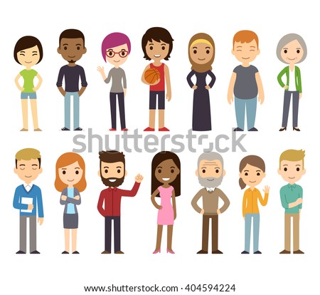 Set of diverse vector people. Men and women, young and old, different poses. Cute and simple modern flat cartoon style.